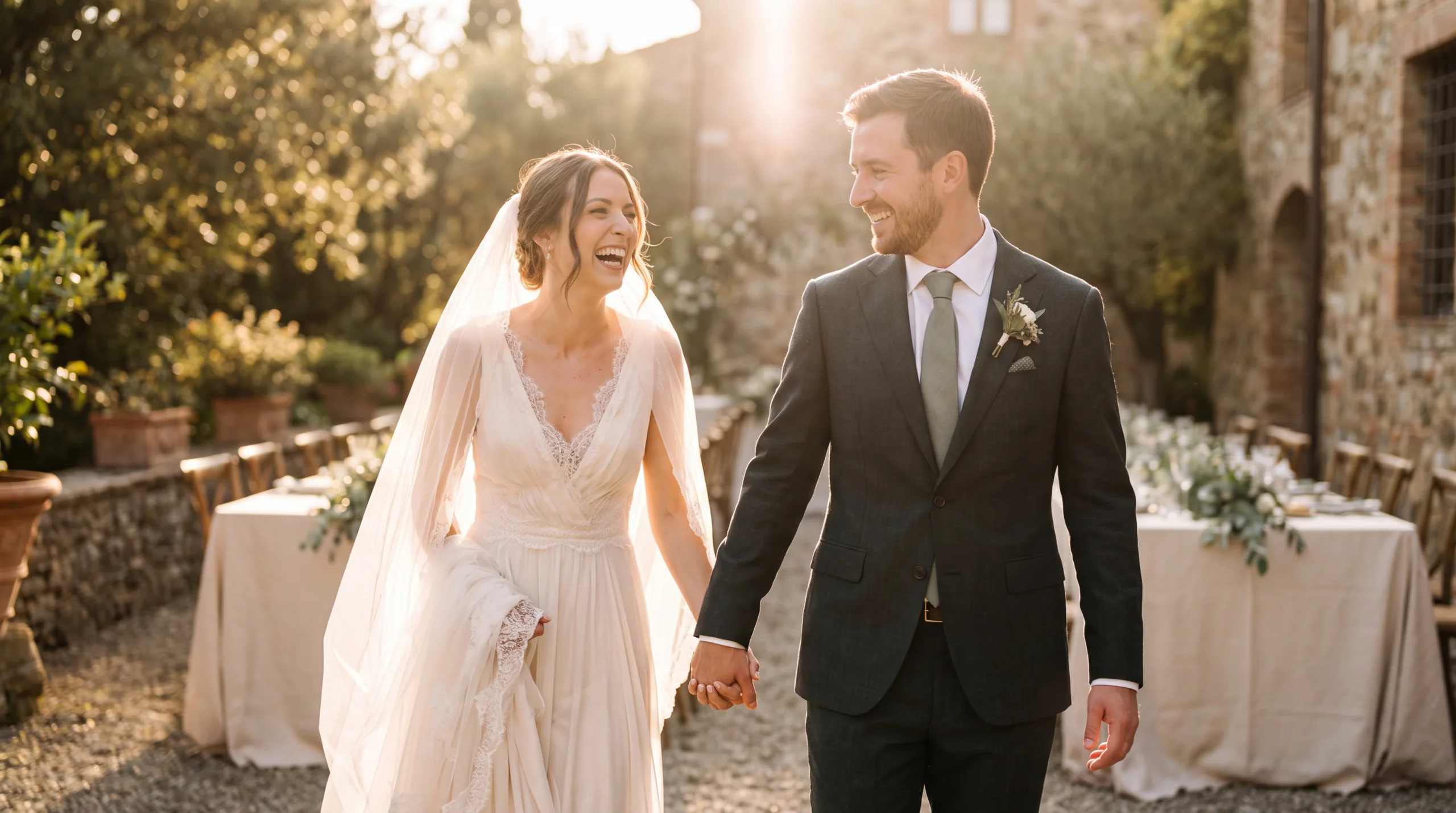 A bride and groom laughing together in a sunlit courtyard