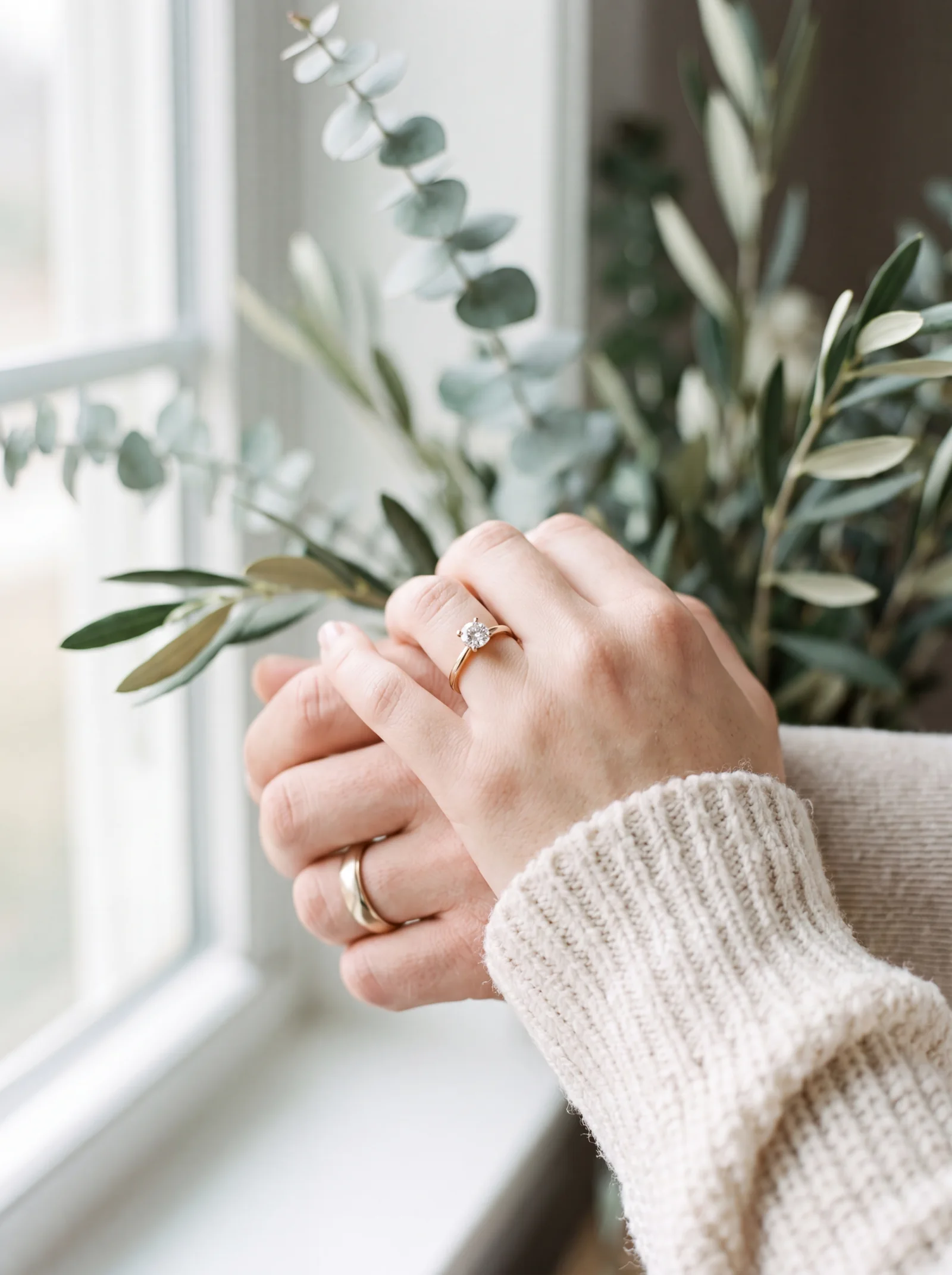 Close-up of a couple's hands and engagement ring